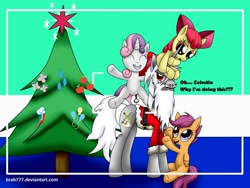 Size: 1032x774 | Tagged: dead source, safe, artist:brab777, character:apple bloom, character:scootaloo, character:sweetie belle, oc, episode:hearth's warming eve, g4, my little pony: friendship is magic, christmas, christmas tree, clothing, costume, cutie mark crusaders, holiday, santa costume, tree