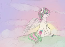 Size: 1000x727 | Tagged: safe, artist:ifreakenlovedrawing, artist:ptg, artist:thedrunkenstuporiii, character:blossomforth, species:pegasus, species:pony, cloud, cloudy, female, floral head wreath, flower, sitting, solo, sun