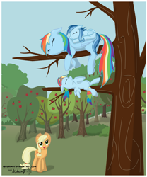 Size: 1160x1391 | Tagged: safe, artist:isegrim87, character:applejack, character:rainbow dash, oc, oc:ragtag, oc:shooting star, parent:rainbow dash, parent:soarin', parents:soarindash, foal, mother, mother and daughter, nap, offspring, sisters, sleeping, sweet apple acres, tree