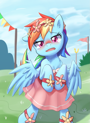 Size: 737x1000 | Tagged: safe, artist:aymint, character:rainbow dash, species:pegasus, species:pony, episode:rainbow falls, g4, my little pony: friendship is magic, bipedal, blushing, cheerleader, clothing, cute, dashabetes, dress, embarrassed, explicit source, female, flower, flower in hair, grass, grass field, jewelry, looking at you, mare, open mouth, pink, pixiv, rainbow dash always dresses in style, scene parody, skirt, solo, spread wings, wings