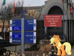 Size: 720x540 | Tagged: safe, artist:j4lambert, character:applejack, broadway mall, buffalo wild wings, closed, hicksville, implied ponies eating meat, johnny rockets, long island, mall, restaurant, sad, sign, what in tarnation