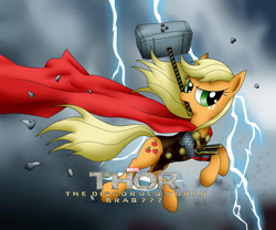 Size: 979x816 | Tagged: safe, artist:brab777, character:applejack, crossover, female, hammer, lightning, mouth hold, solo, thor