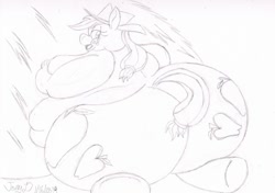 Size: 1280x903 | Tagged: safe, artist:joe-anthro, character:applejack, species:anthro, applefat, bbw, breasts, fat, female, huge butt, impossibly large butt, large butt, monochrome, obese, plot, sideboob, solo, ssbbw