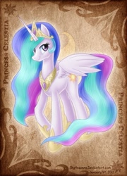 Size: 504x701 | Tagged: safe, artist:skyheavens, character:princess celestia, species:alicorn, species:pony, g4, card, female, looking at you, mare, photoshop, smiling, solo, spread wings, wings