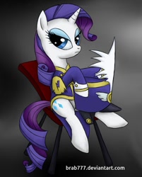 Size: 802x996 | Tagged: safe, artist:brab777, character:rarity, species:pony, species:unicorn, episode:testing testing 1-2-3, g4, my little pony: friendship is magic, ancient wonderbolts uniform, chair, clothing, female, gray background, hat, looking sideways, mare, sgt. rarity, shako, simple background, sitting, solo, uniform
