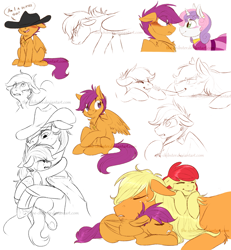 Size: 1200x1300 | Tagged: safe, artist:the-chibster, character:apple bloom, character:applejack, character:scootaloo, character:sweetie belle, ship:scootabelle, crying, cute, dawwww, female, hug, hunterjack, lesbian, pile, scootalove, shipping
