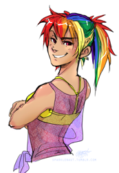 Size: 681x984 | Tagged: safe, artist:ddhew, character:rainbow dash, species:human, female, humanized, ponytail, smiling, solo