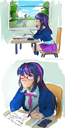 Size: 1383x2715 | Tagged: safe, artist:ddhew, character:rainbow dash, character:twilight sparkle, ship:twidash, my little pony:equestria girls, blushing, clothing, comic, female, humanized, lesbian, observer, school, shipping, skirt, table, window
