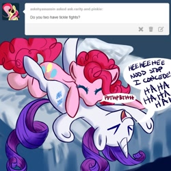 Size: 1280x1280 | Tagged: safe, artist:rastaquouere69, character:pinkie pie, character:rarity, ship:raripie, ask, ask-rarity-and-pinkie-pie, bed, cute, diapinkes, drawblog, female, lesbian, on back, onomatopoeia, raspberry, raspberry noise, shipping, tickling, tumblr, tummy buzz
