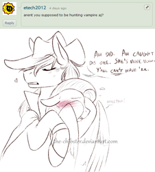 Size: 606x669 | Tagged: safe, artist:the-chibster, character:applejack, character:flutterbat, character:fluttershy, species:bat pony, species:pony, ship:appleshy, ask, ask-hunterjack, blushing, cape, clothing, deviantart, dialogue, female, heart, holding, hunterjack, lesbian, nervous, shipping, sketch, speech bubble, tumblr, vampire