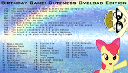 Size: 3500x2000 | Tagged: safe, artist:spencethenewbie, artist:vulthuryol00, character:apple bloom, character:zipporwhill, birthday game, cute, exploitable meme, foal, kissing, meme, misspelling, text, zipporbetes