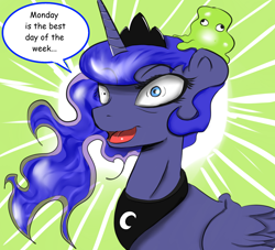 Size: 1650x1500 | Tagged: safe, artist:dawntrotter, character:princess luna, species:alicorn, species:pony, blatant lies, brain slug, exploitable meme, female, futurama, horn, lies, mare, meme, mismatched eyes, monday, open mouth, sarcasm, smiling, solo, wide eyes