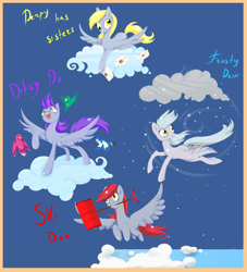 Size: 1779x1963 | Tagged: dead source, safe, artist:matrosha123, character:derpy hooves, species:bird, species:pegasus, species:pony, background pony, blue background, blue jay, cloud, cloudy, cutie mark, ditzy doo, female, flutter doo, flying, frosty dew, letter, lying down, lying on a cloud, mail, mare, mouth hold, on a cloud, open mouth, raised hoof, recolor, shovel, simple background, sisters, ski doo, snow, standing, teeth