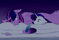Size: 1008x682 | Tagged: safe, artist:the-chibster, character:rarity, character:twilight sparkle, character:twilight sparkle (alicorn), species:alicorn, species:classical unicorn, species:pony, ship:rarilight, cloven hooves, cuddling, eye contact, female, floppy ears, holding hooves, hug, leonine tail, lesbian, mare, pillow, prone, shipping, size difference, smiling, snuggling, unshorn fetlocks, wing blanket, winghug, wink