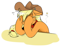 Size: 500x380 | Tagged: safe, artist:the-chibster, character:applejack, facehoof, female, floppy ears, hubbyjack, leaning, messy mane, solo, sweat, tired