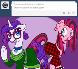 Size: 1280x1131 | Tagged: safe, artist:rastaquouere69, character:pinkie pie, character:rarity, ship:raripie, ask rarity and pinkie, braces, female, glasses, goth, lesbian, shipping, younger