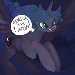 Size: 1280x1280 | Tagged: safe, artist:slimeprnicess, character:princess luna, cute, female, flying, missing accessory, open mouth, praise the moon, smiling, solo, spread wings, starry eyes, wingding eyes, wings