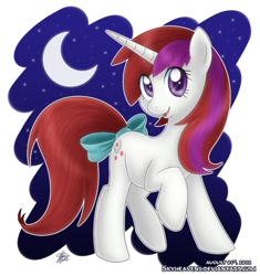 Size: 640x680 | Tagged: safe, artist:skyheavens, character:moondancer (g1), species:pony, species:unicorn, g1, bow, colored pupils, female, g1 to g4, generation leap, looking at you, moon, solo, tail bow