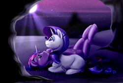 Size: 1144x770 | Tagged: safe, artist:the-chibster, character:rarity, character:twilight sparkle, character:twilight sparkle (alicorn), species:alicorn, species:pony, ship:rarilight, blank flank, female, fluffy, legs in air, lesbian, looking up, mare, moon, night, on back, shipping, smiling, underhoof