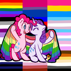 Size: 1000x1000 | Tagged: safe, artist:rastaquouere69, character:pinkie pie, character:rarity, ship:raripie, asexual, asexual pride flag, ask rarity and pinkie, bear pride flag, bisexual pride flag, bisexuality, female, flag, gay pride, gay pride flag, genderqueer, genderqueer pride flag, intersex, intersex pride flag, leather pride flag, lesbian, lesbian pride flag, pansexual, pansexual pride flag, polyamory pride flag, pride, shipping, transgender, transgender pride flag