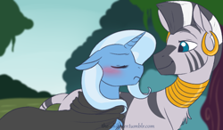 Size: 920x538 | Tagged: safe, artist:the-chibster, character:trixie, character:zecora, species:zebra, blushing, cloak, clothing, cute, eyes closed, female, floppy ears, frown, lesbian, looking back, shipping, smiling, trixora