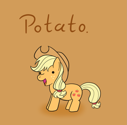 Size: 981x971 | Tagged: safe, artist:mr-1, character:applejack, species:earth pony, species:pony, female, heresy, mare, open mouth, orange background, potato, potatojack, simple background, smiling, solo, text, wat