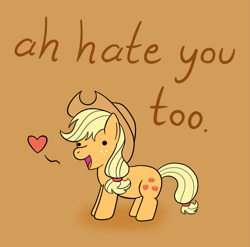 Size: 981x971 | Tagged: safe, artist:mr-1, edit, character:applejack, species:earth pony, species:pony, female, hate, heart, i hate you, simple background, smiling, solo