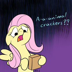 Size: 1024x1024 | Tagged: safe, artist:mr-1, character:fluttershy, animal crackers, dialogue, fluttershy discovers animal crackers, horrified, scared