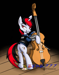 Size: 1100x1400 | Tagged: safe, artist:brab777, oc, oc only, oc:blackjack, species:pony, species:unicorn, fallout equestria, fallout equestria: project horizons, bipedal, cello, clothing, cutie mark, fanfic, fanfic art, female, hooves, horn, looking at you, looking back, looking back at you, mare, musical instrument, pipbuck, plot, smiling, solo, teeth, vault suit