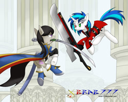 Size: 999x799 | Tagged: safe, artist:brab777, character:dj pon-3, character:octavia melody, character:vinyl scratch, blazblue, crossover, jin kisaragi, ragna the bloodedge