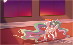 Size: 2400x1500 | Tagged: safe, artist:kumkrum, character:princess celestia, species:alicorn, species:pony, clothing, dancing, dress, female, mare, mare in the moon, moon, sunrise