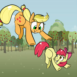 Size: 800x800 | Tagged: safe, artist:tokipeach, character:apple bloom, character:applejack, apple, jumping, playing, sweet apple acres, tree