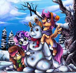 Size: 1419x1360 | Tagged: dead source, safe, artist:matrosha123, character:apple bloom, character:scootaloo, character:sweetie belle, clothing, cutie mark crusaders, happy, scarf, snow, snowman, snowpony, unshorn fetlocks, winter, winter outfit