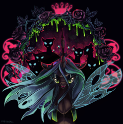 Size: 1652x1663 | Tagged: dead source, safe, artist:matrosha123, character:queen chrysalis, species:changeling, glowing eyes, rose, spread wings, wings