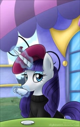 Size: 526x834 | Tagged: safe, artist:skyheavens, character:rarity, alternate hairstyle, beatnik rarity, beret, clothing, cup, drinking, female, hat, magic, solo, sweater, teacup, telekinesis