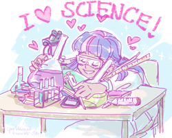 Size: 813x655 | Tagged: safe, artist:ddhew, character:twilight sparkle, species:human, abstract background, adorkable, beaker, clothing, cute, dialogue, dork, eyes closed, female, goggles, happy, heart, humanized, lab coat, microscope, moderate dark skin, science, smiling, solo, table, test tube, that pony sure does love science, twiabetes