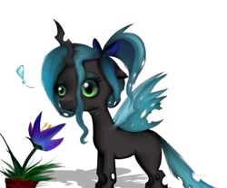 Size: 600x500 | Tagged: safe, artist:pipomanager-mimmi, character:queen chrysalis, species:changeling, adoracreepy, bow, changeling queen, creepy, cute, cutealis, exclamation point, fangs, female, flower, hair bow, nymph, shadow, simple background, solo, standing, white background, younger