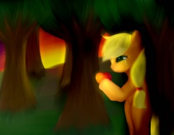 Size: 900x700 | Tagged: safe, artist:pipomanager-mimmi, character:applejack, apple, crying, female, food, forest, solo