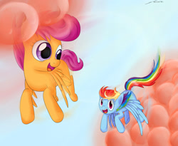 Size: 1600x1315 | Tagged: safe, artist:artoftheghostie, character:rainbow dash, character:scootaloo, flying, scootaloo can fly, scootalove
