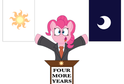 Size: 5016x3412 | Tagged: safe, artist:sketchymouse, character:pinkie pie, character:princess celestia, character:princess luna, clothing, cutie mark, election, female, podium, solo, suit