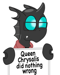Size: 1375x1705 | Tagged: safe, artist:sketchymouse, species:changeling, clothing, glasses, hitler did nothing wrong, sign, simple background, transparent background