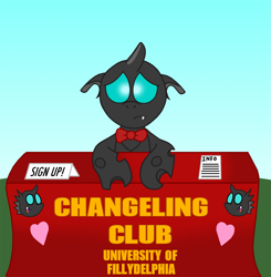 Size: 2271x2321 | Tagged: safe, artist:sketchymouse, species:changeling, bow tie, clothing, fan club, heart, lonely, sad, solo, table