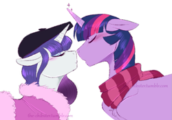Size: 831x583 | Tagged: safe, artist:the-chibster, character:rarity, character:twilight sparkle, character:twilight sparkle (alicorn), species:alicorn, species:pony, ship:rarilight, beret, blushing, clothing, female, height difference, lesbian, magic, mare, scarf, shipping, winter, winter outfit