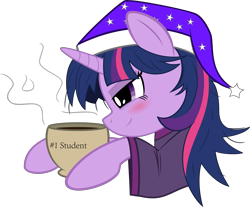 Size: 9650x8000 | Tagged: safe, artist:fiarel, artist:quasdar, character:twilight sparkle, species:pony, absurd resolution, blushing, clothing, coffee, coffee mug, female, hat, mare, morning ponies, mug, nightcap, pajamas, simple background, smiling, solo, transparent background, vector