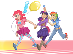 Size: 1606x1206 | Tagged: safe, artist:ddhew, character:pinkie pie, character:rainbow dash, character:twilight sparkle, species:human, balloon, belly button, clothing, converse, female, hat, humanized, midriff, party, party hat, shoes, skirt