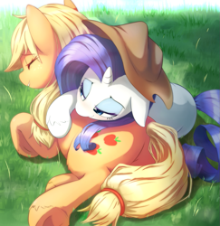 Size: 875x900 | Tagged: safe, artist:aymint, character:applejack, character:rarity, ship:rarijack, accessory swap, applejack's hat, blushing, clothing, cowboy hat, cuddling, eyes closed, featureless crotch, female, floppy ears, hat, lesbian, love, plot, prone, shipping, smiling, snuggling