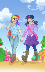 Size: 815x1278 | Tagged: safe, artist:ddhew, character:rainbow dash, character:twilight sparkle, species:human, ship:twidash, clothing, cute, female, holding hands, humanized, lesbian, midriff, shipping, skirt