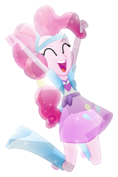 Size: 1024x1529 | Tagged: dead source, safe, artist:meteor-spark, character:pinkie pie, my little pony:equestria girls, .svg available, balloon, boots, clothing, crystallized, eyes closed, female, happy, headband, high heel boots, jumping, open mouth, ponytail, skirt, solo, sparkles, vector