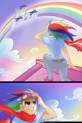 Size: 595x889 | Tagged: safe, artist:ddhew, character:rainbow dash, species:human, clothing, comic, female, goggles, humanized, plane, rainbow, scarf, solo, wonderbolts