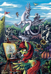 Size: 1067x1530 | Tagged: dead source, safe, artist:matrosha123, character:discord, oc, oc:sunny meadows, species:bird, fanfic:the keepers of discord, fanfic, fanfic art, fanfic cover, garden, mouth hold, paintbrush, painting, scenery, solo, statue